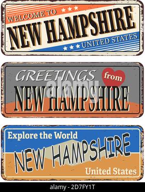 Vintage tin sign with America state New Hampshire Retro souvenir or postcard template on rust background. Stock Vector