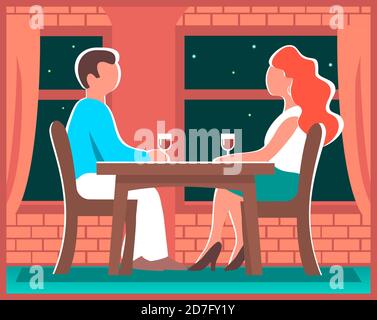 A man and a woman at a table in a cafe. Romantic dinner with glasses of wine. Cozy interior. Vector illustration of a couple in love in a flat style. Stock Vector