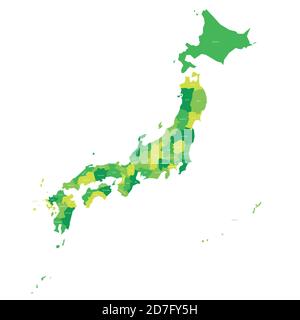 Green political map of Japan. Administrative divisions - prefectures. Simple flat vector map with labels. Stock Vector