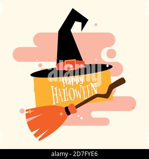 Happy halloween card with a witch hat and broom - Vector Stock Vector