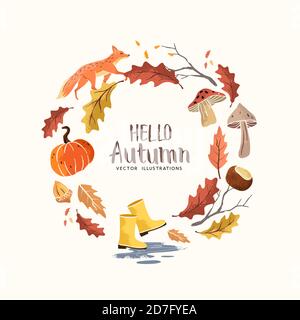 Hello Autumn! seasonal fall time elements with leaves, nuts and mushrooms. Thanksgiving and harvest Vector illustration Stock Vector