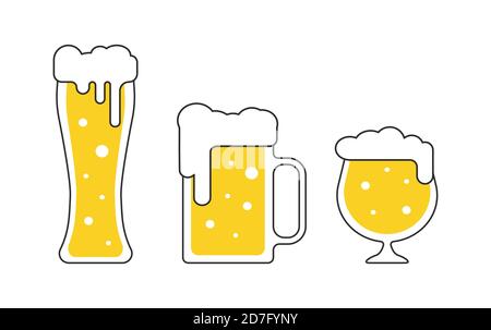 Different beer mugs, pints, tankards with foam in flat style isolated vector illustrations for pub bar or Oktoberfest menu Stock Vector