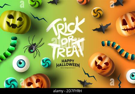Fun happy halloween event mockup design background. including grinning jack o lantern pumpkins and treats. Vector illustration. Stock Vector