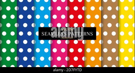Set of big white polka dots seamless pattern on bright colorful backgrounds. Stock Vector