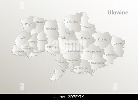 Ukraine map administrative division separates regions and names individual region, card paper 3D natural vector Stock Vector