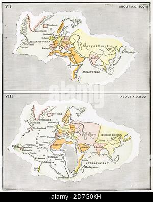 VII Map of Europe, Africa and Asia, about A.D. 1300, VIII Map of Europe, Africa and Asia, about A.D. 1350, Illustration, Ridpath's History of the World, Volume III, by John Clark Ridpath, LL. D., Merrill & Baker Publishers, New York, 1897 Stock Photo