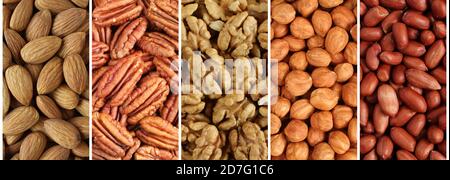 Nuts collage, long banner – almonds, pecan nuts, walnuts, hazelnuts, peanuts. Closeup Stock Photo