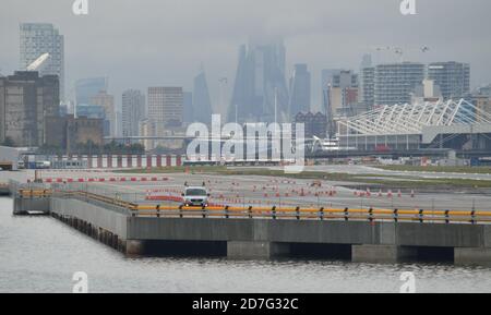Construction work at London City Airport showing the nearly completed new parallel taxiway and aircraft stands Stock Photo