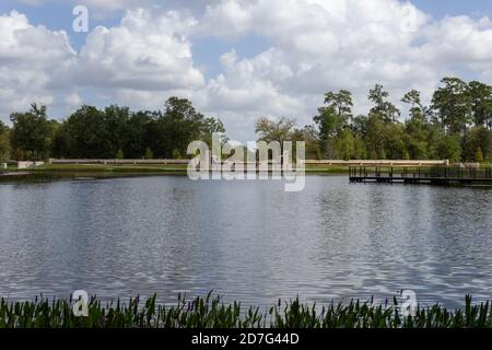 Small Pond in a Park With Blue Sky and Clouds Stock Photo