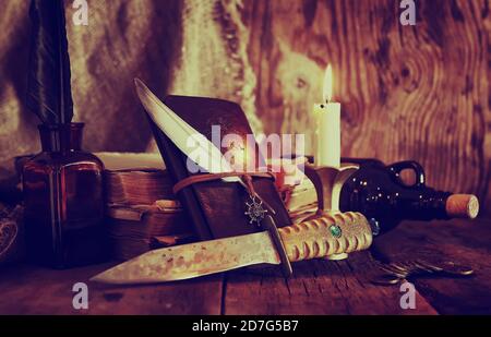 various vintage elements on old worn backgrounds different concepts Stock Photo