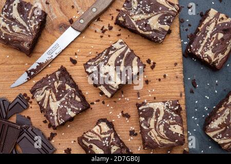 Homemade Dark Chocolate and Tahini Brownies Stock Photo