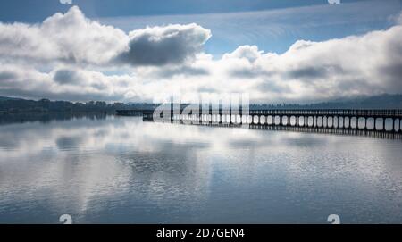 Wooden boardwalk over the Nisqually Delta in Washington State Stock Photo