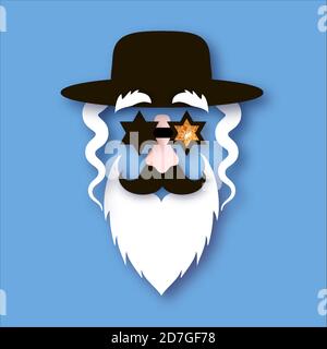 Jewish man in paper craft style. Jew man character in david stars glasses. Stock Vector