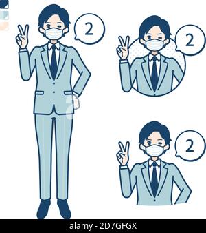 A young Businessman Wearing mask with Counting as 2 images. It's vector art so it's easy to edit. Stock Vector