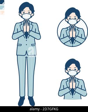 A young Businessman Wearing mask with press hands in prayer images. It's vector art so it's easy to edit. Stock Vector