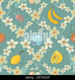 Seamless Pattern with Cute Fruits.  Scandinavian Style. Vector Illustration Stock Vector