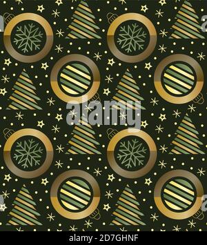 Christmas abstract geometry balls and Christmas trees. Gold geometric seamless pattern on dark blue background Stock Vector