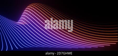 Neon, abstract flowing bands, wireframe structure, virtual background, digital technology, science or data concept, wave visualization, cgi 3D render Stock Photo
