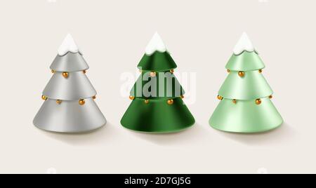 Realistic Xmas tree set isolated on white backdrop. Vector illustration EPS10. Silver Christmas tree with golden balls on white. Stock Vector