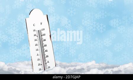 White outdoor thermometer with a temperature of zero degrees in the snow. Cold ice and freeze design background. Stock Photo