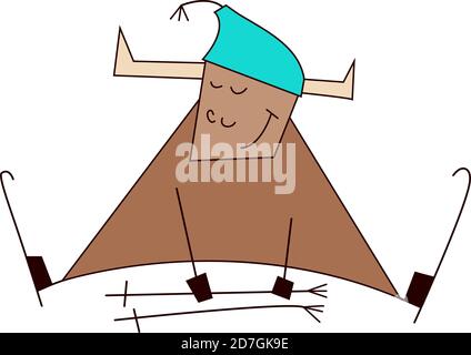 Happy new year 2021. The Year of the Ox. Funny cute kawaii bull, cow. Winter outdoor activities. Skiing. Vector illustration in cartoon style isolated Stock Vector