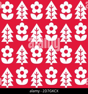 Floral Scandinavian Christmas folk art seamless vector pattern, white on red textile design with flowers and pine trees Stock Vector