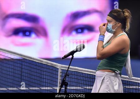 Ostrava, Czech Republic. 22nd Oct, 2020. ***CTK POOL*** Aryna Sabalenka from Belarus speaks after match against Cori Gauff of USA during the J&T Banka Ostrava Open 2020 tennis tournament in Ostrava, Czech Republic, October 22, 2020. Credit: Jaroslav Ozana/CTK Photo/Alamy Live News Stock Photo