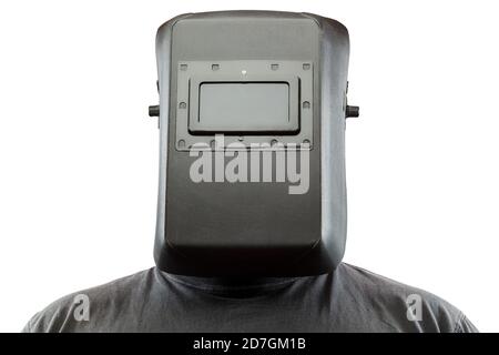 A man in a mask for welding works isolated on a white background.