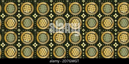 Christmas abstract geometry balls and Christmas trees. Gold geometric seamless pattern on dark blue background Stock Vector