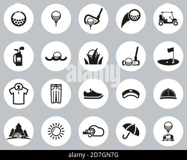 Golf Sport & Golf Equipment Icons Black & White Flat Design Circle Set big Stock Vector