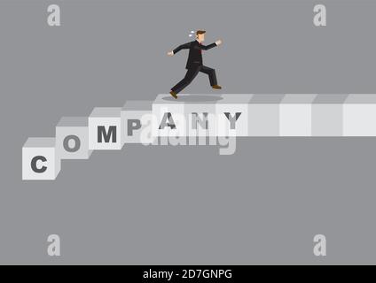 Business professional running away on falling text blocks read Company. Creative vector illustration on business failure metaphor. Stock Vector
