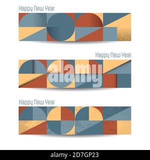 Set of minimal 2021 New Year banners, 4 to 1 proportions, in Bauhaus, memphis style. Selection in retro tones, with flat, stroked and papercut styles Stock Vector