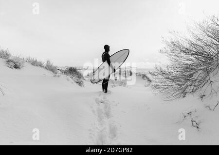 Snowy winter and surfer with surfboard. Winter and surfer in wetsuit. Stock Photo