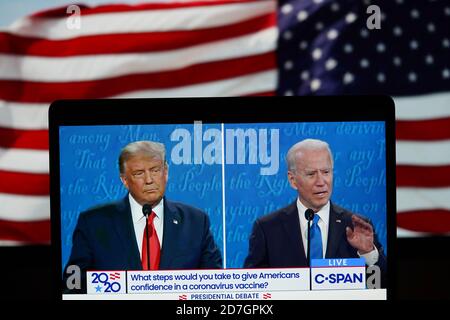 Washington, USA. 23rd Oct, 2020. Photo taken in Arlington, Virginia, the United States on Oct. 22, 2020 shows C-SPAN live stream of U.S. President Donald Trump (L) and his Democratic challenger Joe Biden attending their final debate in the 2020 presidential race. The second and final round of U.S. presidential debate between incumbent Donald Trump and Democratic nominee Joe Biden kicked off Thursday night, offering voters the last chance before Election Day to see the candidates facing each other head-on and making their cases for the presidency. Credit: Liu Jie/Xinhua/Alamy Live News Stock Photo