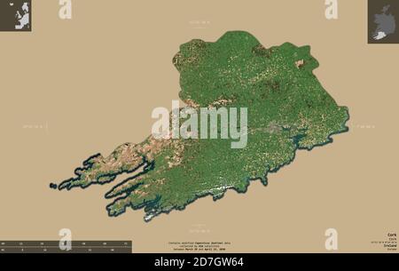 Cork, county of Ireland. Sentinel-2 satellite imagery. Shape isolated on solid background with informative overlays. Contains modified Copernicus Sent Stock Photo