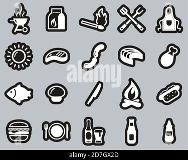 Grill Or Barbecue Icons White On Black Sticker Set Big Stock Vector