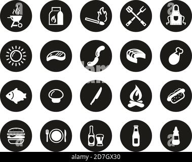 Grill Or Barbecue Icons White On Black Flat Design Circle Set Big Stock Vector