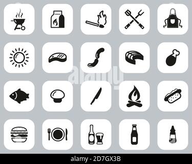 Grill Or Barbecue Icons Black & White Flat Design Set Big Stock Vector