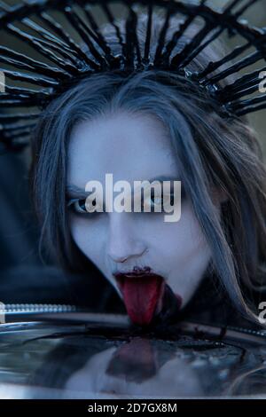 Portrait of young woman in image of vampire in black dress and crown on her head with bloody face and dish with blood. Stock Photo