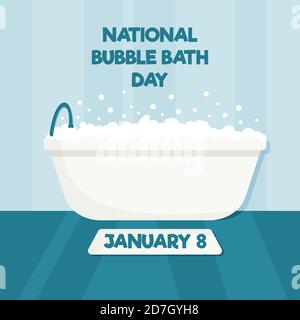 National bubble bath day illustration. Bathroom interior. Bathtub and mat. Vector greeting card Stock Vector