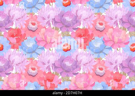 Vector floral pattern. Pink, purple, blue garden flowers with beige leaves. Stock Vector