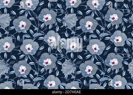 Floral vector seamless pattern. Grey, blue morning glory flowers. Stock Vector