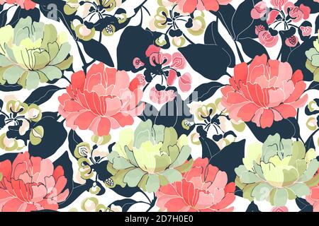 Vector floral seamless pattern. Light red and yellow flowers. Stock Vector