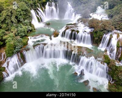 See the beautiful Ban Gioc waterfall in Trung Khanh district, Cao Bang province, Vietnam from above Stock Photo