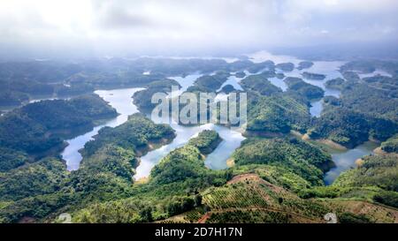Ta Dung Lake viewed from above, there are many small islands here, the view is like in heaven. This is a hydroelectric reservoir in Dak Nong province, Stock Photo