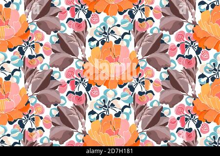 Vector floral seamless pattern. Pink, yellow, red, blue flowers, brown leaves. Stock Vector