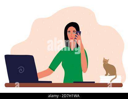 woman works with laptop and talks on the phone. Cat near on paper. Concept remote work, freelance, business. Vector illustration isolated on white Stock Vector