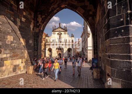 Church of St. Salvator view from the gate of Old Town Bridge Tower in Prague, Czech Republic Stock Photo
