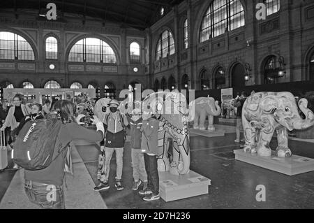 The «Elephant Parade Swiss Tour 2020» has been initiated by Claudia & Franco Knie from the Swiss National Circus and shown in London, Amsterdam, Calai Stock Photo