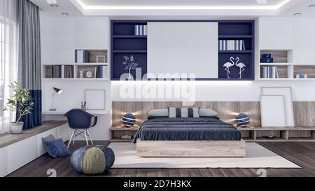 Modern bedroom interior design with blue elements 3d Render 3d illustration Stock Photo
